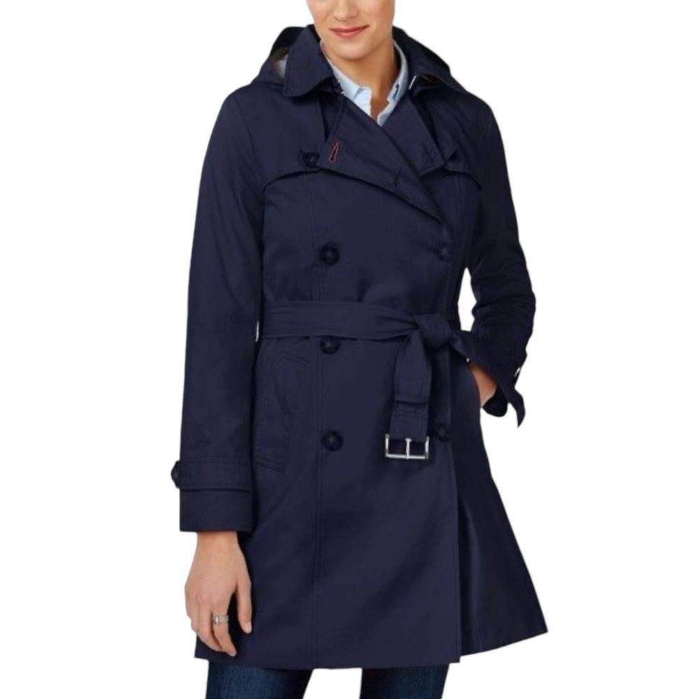 Tommy Hilfiger Women's Double Breasted Casual Navy Hooded Trench Coat Xs